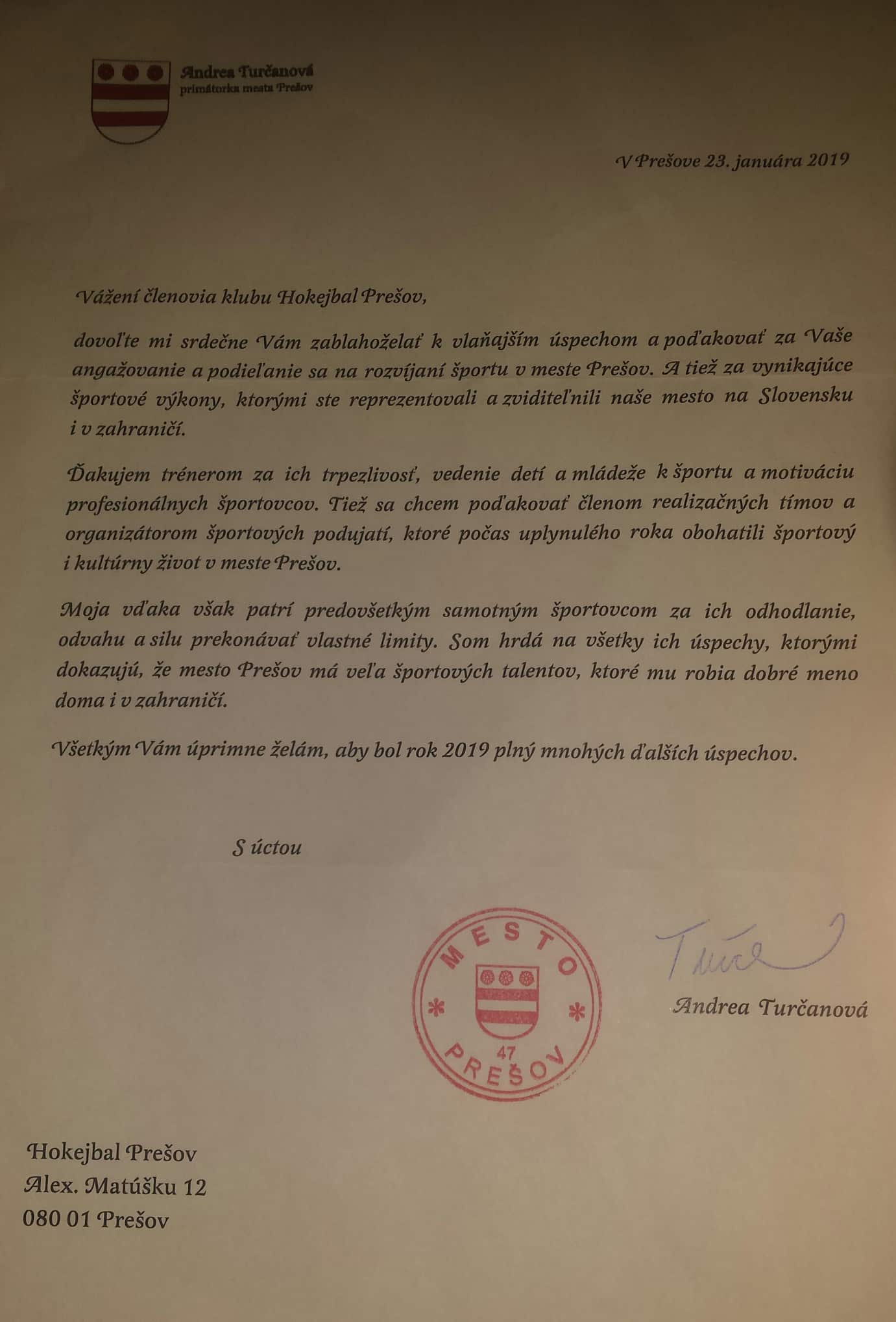Ďakovný list mesta Prešov - pani primátorka A. TURČANOVÁ 